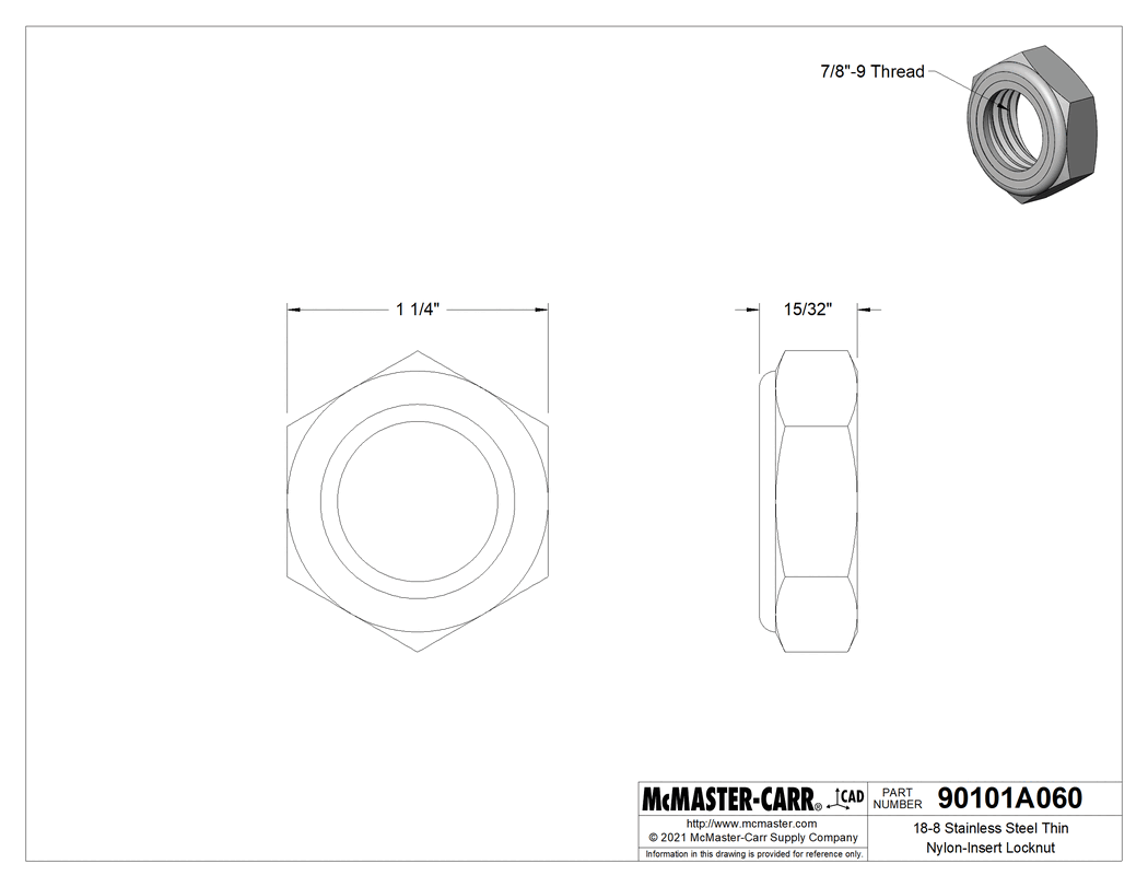 Technical Drawing of 18-8 Stainless Steel Thin-Profile Nylon-Insert Locknut, 7/8"-9 Thread Size.